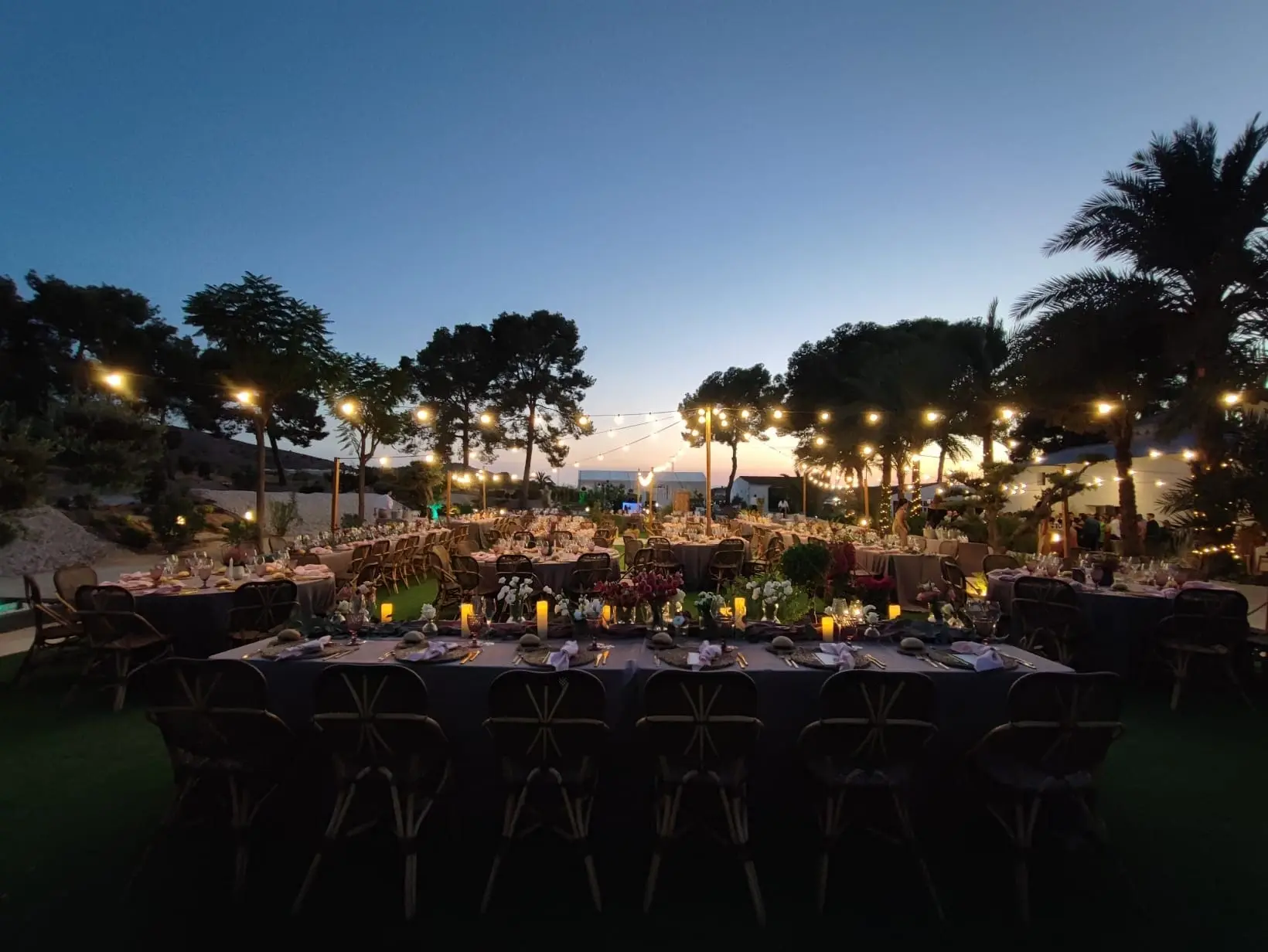 Una mesa imperial larga con velas bajo los pinos y las guirnaldas de luces, en el último azul de la tarde